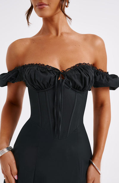 Women’s Midi Dress – Off Shoulder – Corset Bodice – Ruffle Detail – A-Line Fit