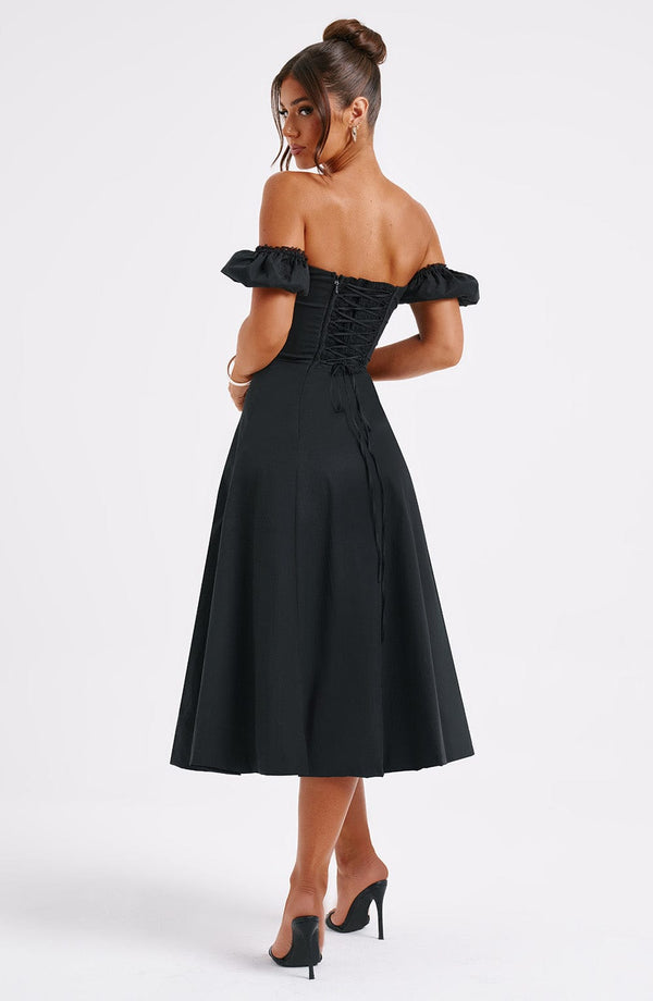 Women’s Midi Dress – Off Shoulder – Corset Bodice – Ruffle Detail – A-Line Fit