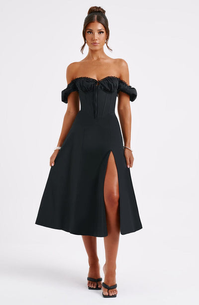 Women’s Midi Dress – Off Shoulder – Corset Bodice – Ruffle Detail – A-Line Fit