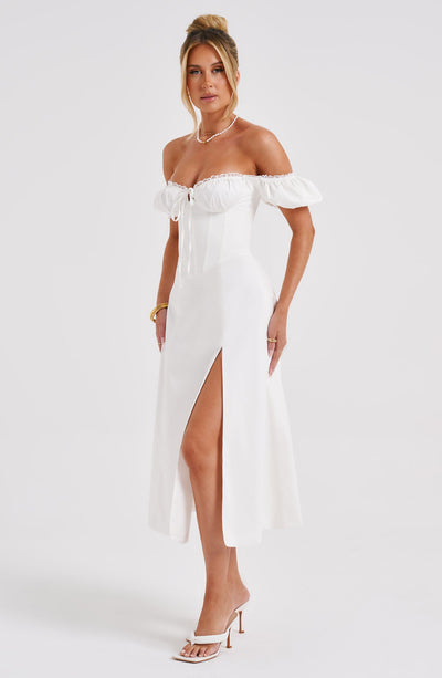 Women’s Off-Shoulder Midi Dress – Corset Bodice – Puff Sleeves – A-Line Slit Skirt