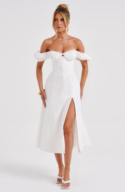 Women’s Off-Shoulder Midi Dress – Corset Bodice – Puff Sleeves – A-Line Slit Skirt