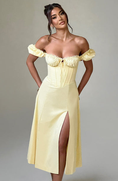 Women’s Midi Dress – Off Shoulder – Puff Sleeves – Corset Bodice – Thigh Slit – A-Line Fit