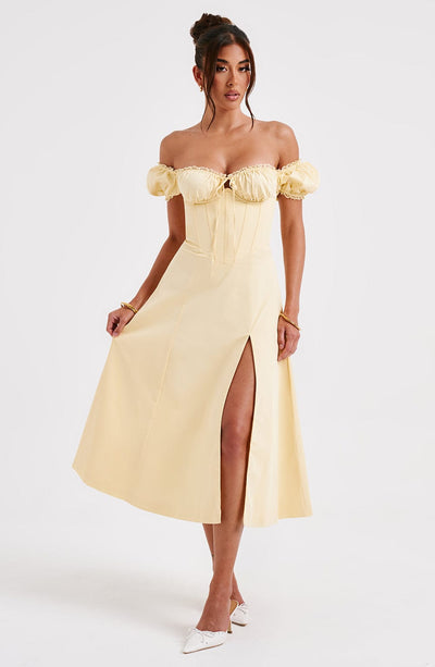 Women’s Midi Dress – Off Shoulder – Puff Sleeves – Corset Bodice – Thigh Slit – A-Line Fit