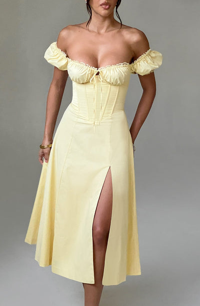 Women’s Midi Dress – Off Shoulder – Puff Sleeves – Corset Bodice – Thigh Slit – A-Line Fit