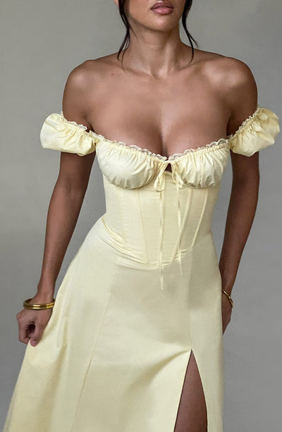 Women’s Midi Dress – Off Shoulder – Puff Sleeves – Corset Bodice – Thigh Slit – A-Line Fit