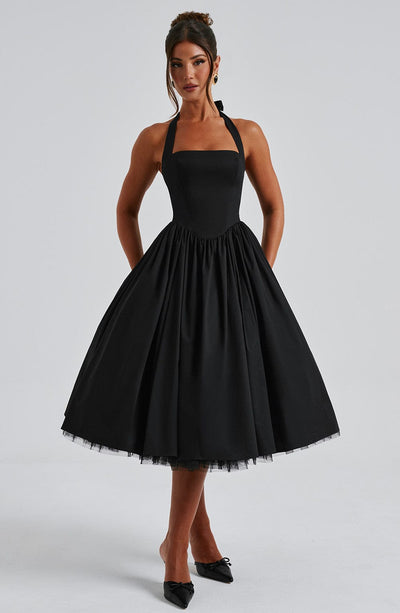 Women’s Midi Dress - Halter Neck - Fitted Bodice - Flowing A-Line Silhouette