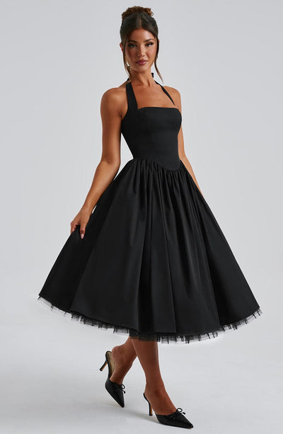 Women’s Midi Dress - Halter Neck - Fitted Bodice - Flowing A-Line Silhouette