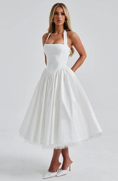 Women’s Midi Dress - Halter Neck - Fitted Bodice - Flowing A-Line Silhouette