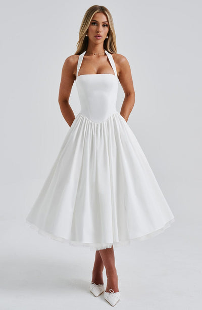 Women’s Midi Dress - Halter Neck - Fitted Bodice - Flowing A-Line Silhouette