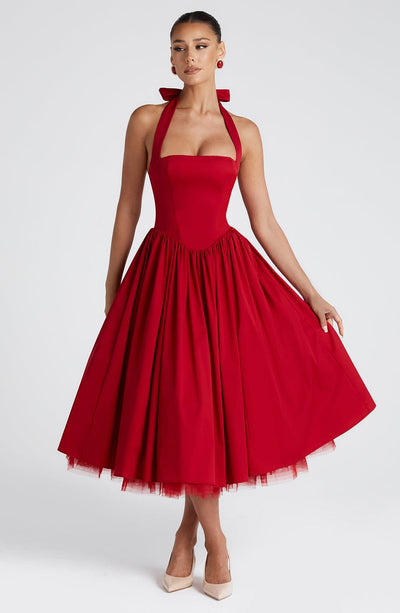 Women’s Midi Dress - Halter Neck - Fitted Bodice - Flowing A-Line Silhouette