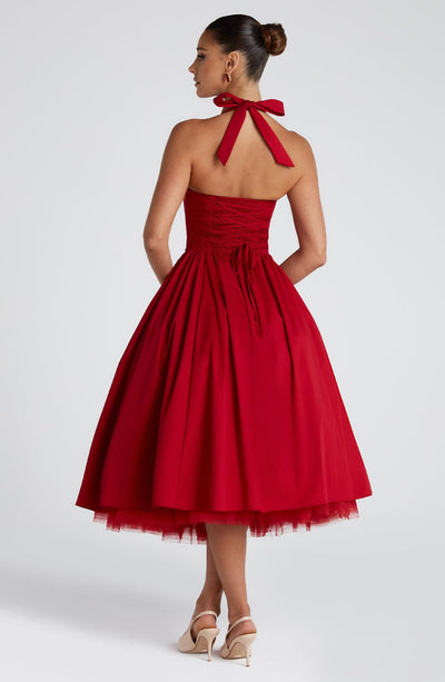 Women’s Midi Dress - Halter Neck - Fitted Bodice - Flowing A-Line Silhouette
