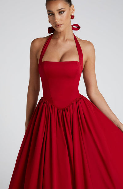 Women’s Midi Dress - Halter Neck - Fitted Bodice - Flowing A-Line Silhouette