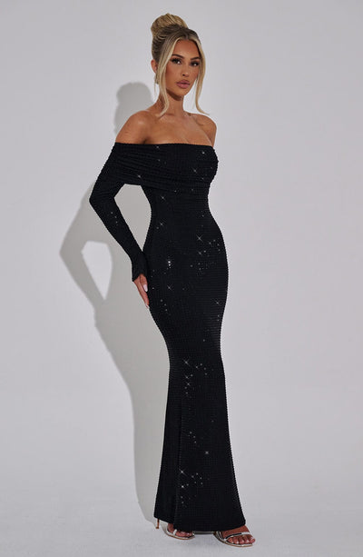 Women’s Evening Gown – Off Shoulder – Long Sleeve – Fitted Silhouette – Sparkle Detail
