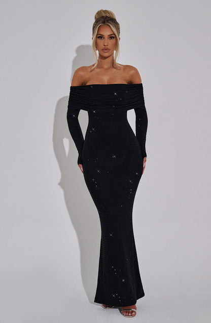 Women’s Evening Gown – Off Shoulder – Long Sleeve – Fitted Silhouette – Sparkle Detail