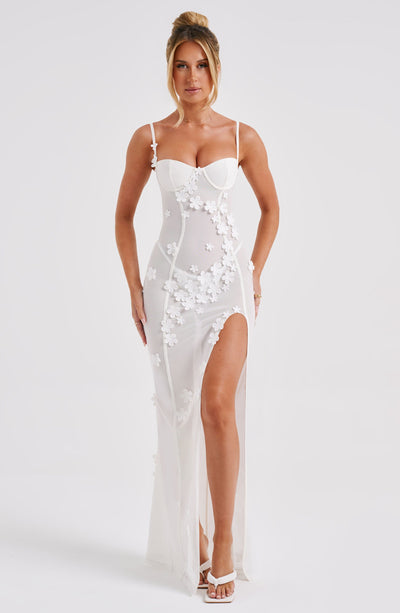 Women’s Evening Gown - Sheer Fitted Silhouette - Corset Bodice - High Slit - Floral Appliqué