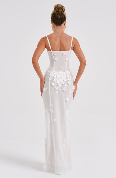 Women’s Evening Gown - Sheer Fitted Silhouette - Corset Bodice - High Slit - Floral Appliqué