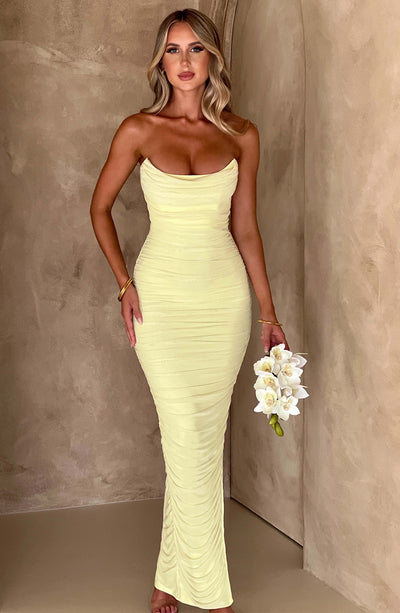 Women’s Bodycon Dress – Strapless Bandeau – Ruched Midi Fit – Side Slit Design