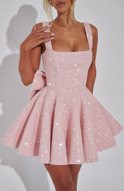 Women’s Sequin Dress – Fit and Flare – Square Neck – Sleeveless Party Wear