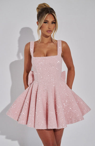 Women’s Sequin Dress – Fit and Flare – Square Neck – Sleeveless Party Wear