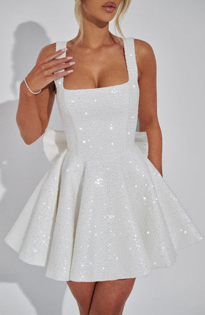 Women’s Sequin Dress – Fit and Flare – Square Neck – Sleeveless Party Wear