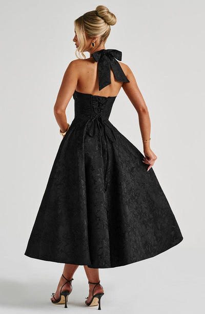 Women’s Halter-Neck Dress - Deep V-Neck - A-Line Silhouette - Elegant Formal Wear