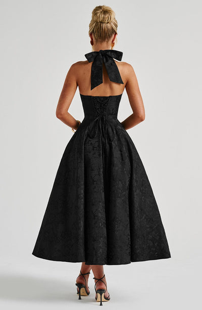 Women’s Halter-Neck Dress - Deep V-Neck - A-Line Silhouette - Elegant Formal Wear