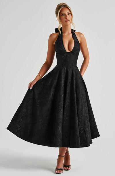 Women’s Halter-Neck Dress - Deep V-Neck - A-Line Silhouette - Elegant Formal Wear