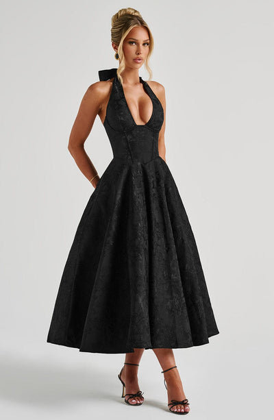 Women’s Halter-Neck Dress - Deep V-Neck - A-Line Silhouette - Elegant Formal Wear