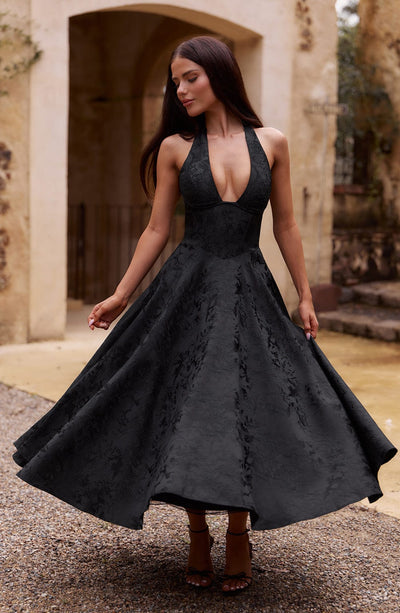 Women’s Halter-Neck Dress - Deep V-Neck - A-Line Silhouette - Elegant Formal Wear