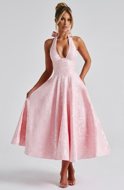 Women's Halter Dress - Deep V-Neck - Fitted Waist - A-Line Midi Skirt - Elegant Style