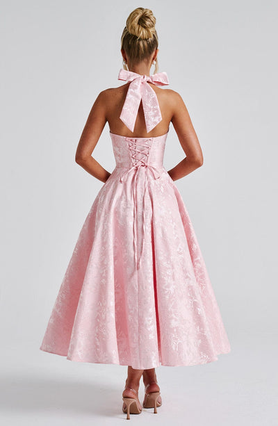 Women's Halter Dress - Deep V-Neck - Fitted Waist - A-Line Midi Skirt - Elegant Style