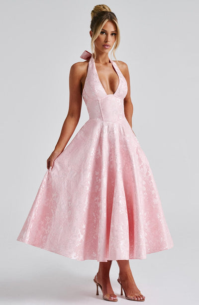 Women's Halter Dress - Deep V-Neck - Fitted Waist - A-Line Midi Skirt - Elegant Style