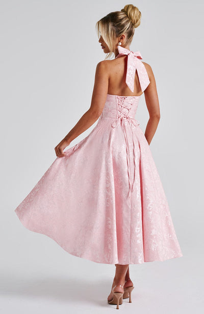 Women's Halter Dress - Deep V-Neck - Fitted Waist - A-Line Midi Skirt - Elegant Style