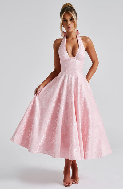Women's Halter Dress - Deep V-Neck - Fitted Waist - A-Line Midi Skirt - Elegant Style