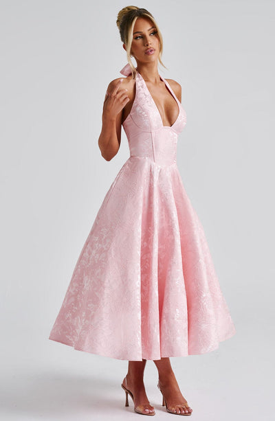 Women's Halter Dress - Deep V-Neck - Fitted Waist - A-Line Midi Skirt - Elegant Style