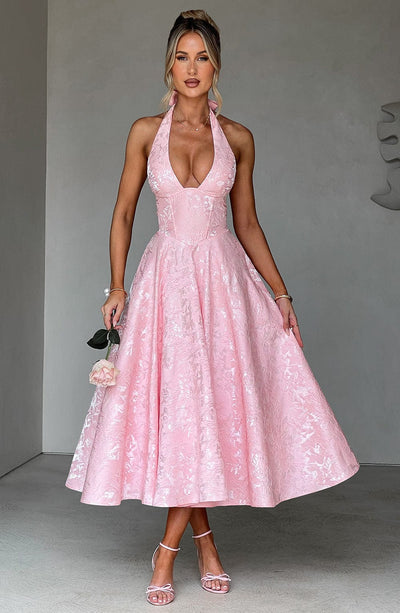 Women's Halter Dress - Deep V-Neck - Fitted Waist - A-Line Midi Skirt - Elegant Style