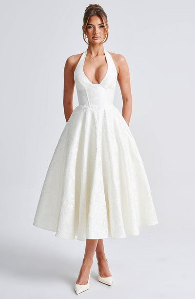 Women’s Halter-Neck Dress - Deep V-Neck - A-Line Silhouette - Elegant Formal Wear
