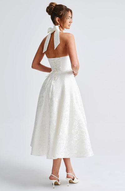 Women’s Halter-Neck Dress - Deep V-Neck - A-Line Silhouette - Elegant Formal Wear