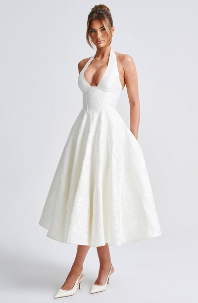 Women’s Halter-Neck Dress - Deep V-Neck - A-Line Silhouette - Elegant Formal Wear