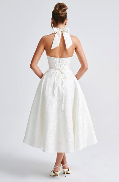 Women’s Halter-Neck Dress - Deep V-Neck - A-Line Silhouette - Elegant Formal Wear