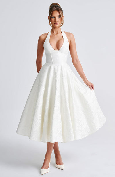 Women’s Halter-Neck Dress - Deep V-Neck - A-Line Silhouette - Elegant Formal Wear