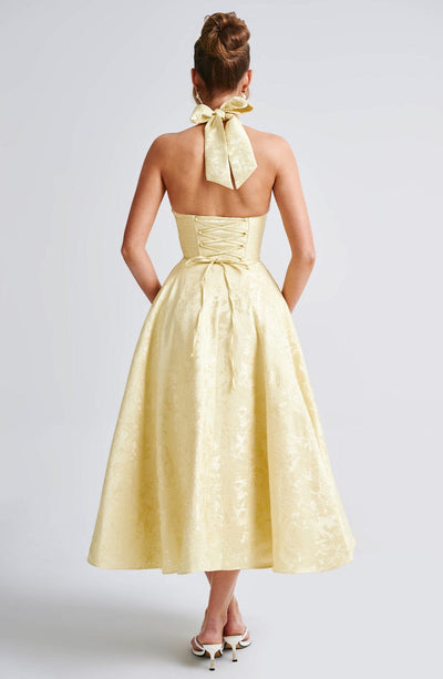 Women's Halter Dress - Deep V-Neck - Fitted Waist - A-Line Midi Skirt - Elegant Style