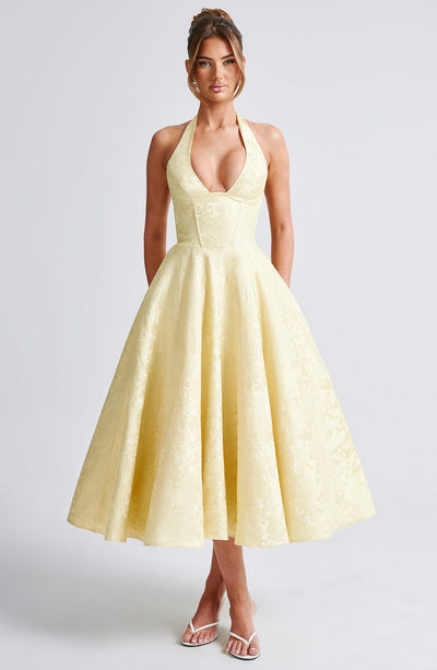 Women's Halter Dress - Deep V-Neck - Fitted Waist - A-Line Midi Skirt - Elegant Style