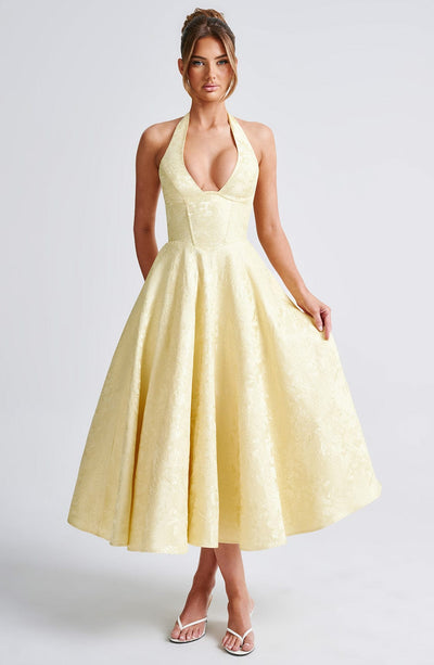 Women's Halter Dress - Deep V-Neck - Fitted Waist - A-Line Midi Skirt - Elegant Style