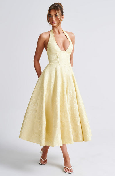 Women's Halter Dress - Deep V-Neck - Fitted Waist - A-Line Midi Skirt - Elegant Style