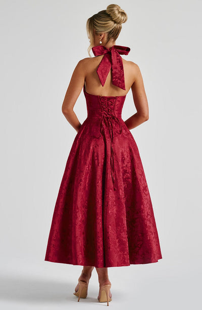 Women's Halter Dress - Deep V-Neck - Fitted Waist - A-Line Midi Skirt - Elegant Style