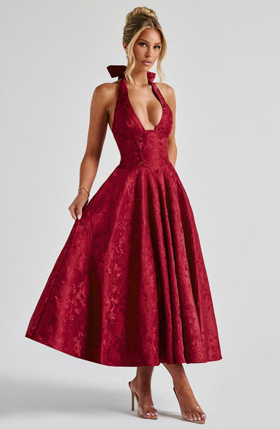 Women's Halter Dress - Deep V-Neck - Fitted Waist - A-Line Midi Skirt - Elegant Style