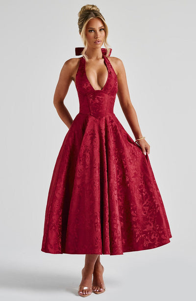 Women's Halter Dress - Deep V-Neck - Fitted Waist - A-Line Midi Skirt - Elegant Style