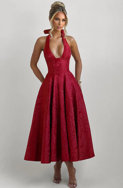 Women's Halter Dress - Deep V-Neck - Fitted Waist - A-Line Midi Skirt - Elegant Style
