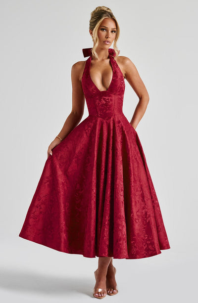 Women's Halter Dress - Deep V-Neck - Fitted Waist - A-Line Midi Skirt - Elegant Style